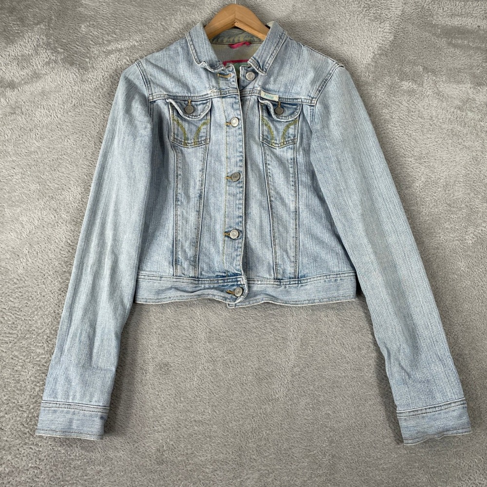 Hollister Denim Jacket Womens Medium Light Wash Y2K Trucker Pink Stitch Stretch